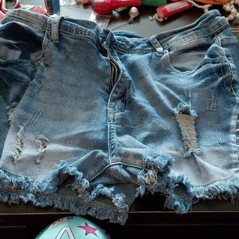 Light Blue Distressed Denim Jean Shorts with Frayed Hem
